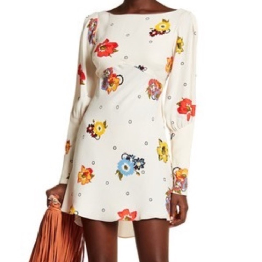 Size 4 Free People Split Sleeve Floral Mini Dress Ivory NWT